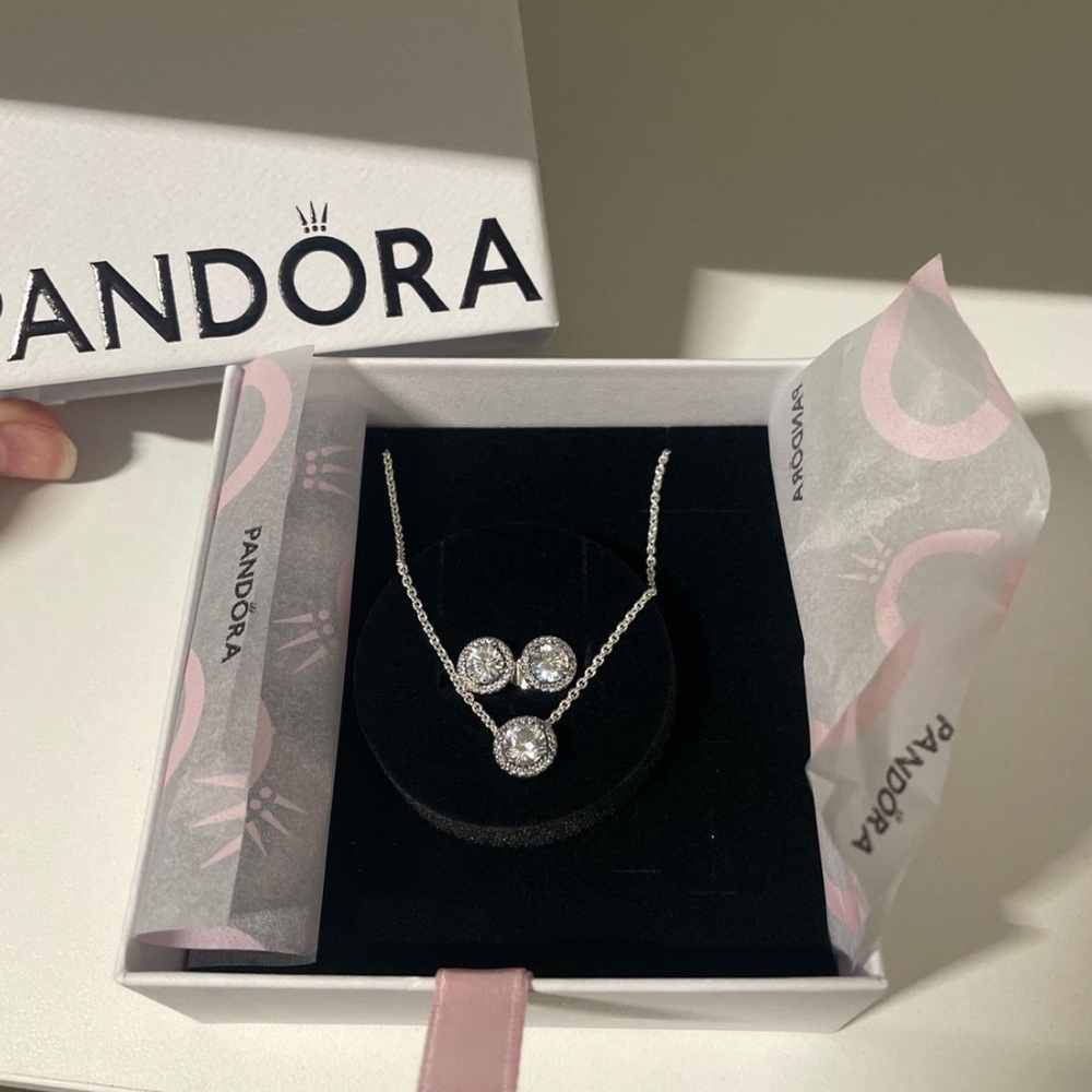 BRAND NEW IN BOX PANDORA DIAMOND EARRING AND NECKLACE SET.